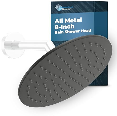 ALL METAL 8 Inch Rainfall Shower Head – MATTE BLACK - Shower Head Rainfall - 2.5 GPM High Flow Shower Head Optimized for Pressure – Large Round Rain Shower Heads - Wall, Overhead, or Ceiling Mount