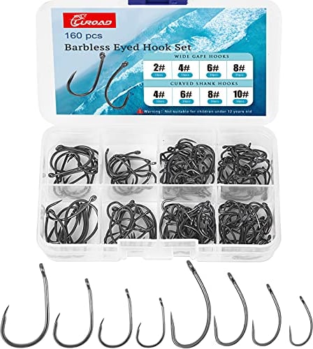 Luroad 160pcs Barbless Carp Coarse Eyed Fishing Hook, Teflon Coated Curved Shank and Wide Gape Size 2, 4, 6, 8, 10, Comes in a Multiple Section Tackle Storage Box