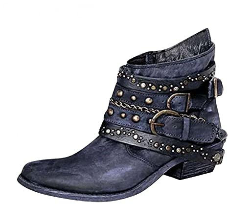 RTPR Stivaletti da donna da biker, stivali con borchie a blocco, comodi per autunno e inverno, scarpe con fibbe, stivali classici invernali, stivali invernali, Blu, 38 EU