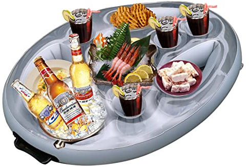 DRYEN Soporte flotante para bebidas para piscina, soporte flotante inflable para bebidas con 8 agujeros, bandeja flotante para piscina y bañera de hidromasaje (astilla), plata, 70 x 50 x 10cm