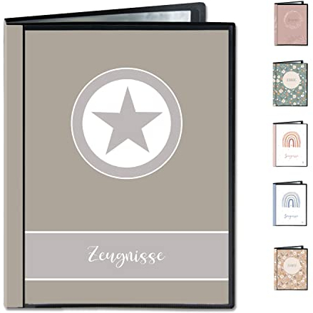 Minilino Zeugnismappe 20 Premium Klarsichthüllen A4 [SCHUTZ UND AUFBEWAHRUNG VON ZEUGNISSEN] Dokumentenmappe für Unterlagen in der Grundschule | Ordner für Zeugnisse - für Jungen (Stern grau)