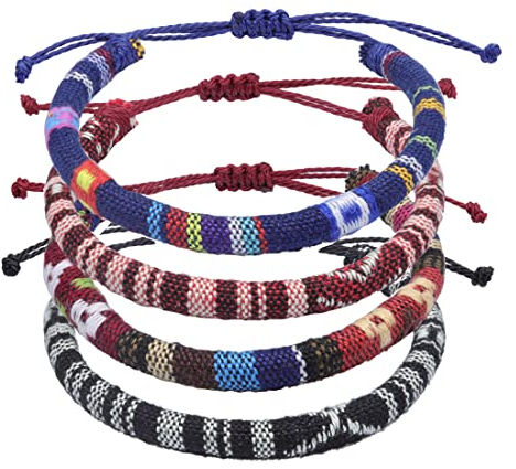 4 Stück Surfer Fußband Damen & Herren Boho Ethno Hippie Fußkettchen Handmade Strand Festival Accessoires Wasserfest & Verstellbar Ökologische Baumwolle Rund