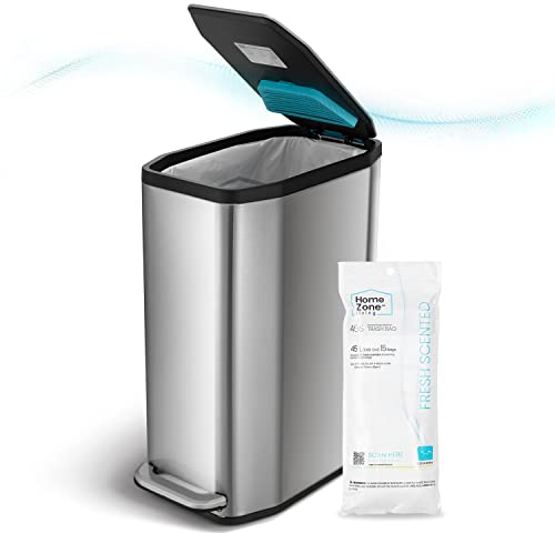 Home Zone Living Schlanker Küchenabfalleimer mit CleanAura-Geruchskontrolle, Edelstahl, silberfarben, 50 Liter