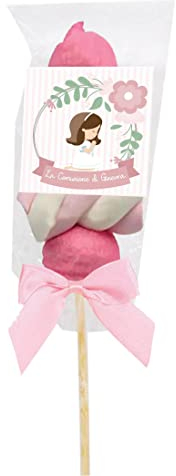 Spiedini di Marshmallow con tag personalizzabili kit fai da te grafica a scelta per caramellata regalini fine festa compleanno comunione nozze (Comunione Rosa Bimba)