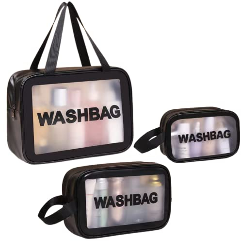Evmyo 3 in 1 Beauty Case Donna da Viaggio 3 Pezzi Borse da Toilette Impermeabile Trasparenti Borse Cosmetica Grande Trousse Porta Trucchi Borsa per WC Trasparente Donna e uomo (Nero)