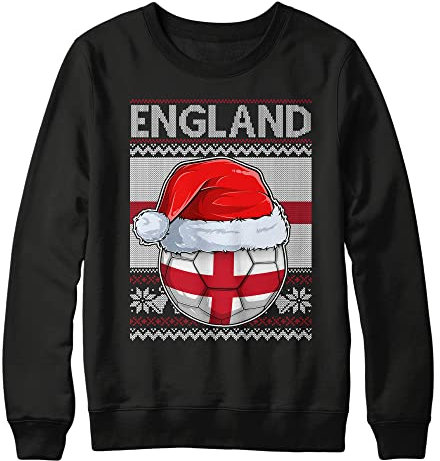 England Christmas Jumper Sweatshirt Unisex Boys and Girls Funny Santa Hat Flag with Football Xmas Fair Isle Ugly Sweater World Champions Gift Cup 2022, 7-8 Years, Black