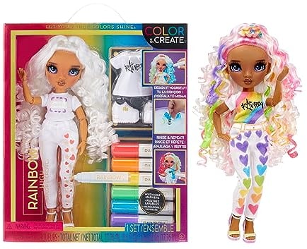 Rainbow High Color & Create DIY Modepuppe - Lila Augen, Locken, extra Top & Schuhe, abwaschbare Regenbogenstifte - Ausmalen, Gestalten, Spielen, Abwaschen - für Kinder von 4-12 Jahren & Sammler