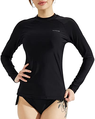 SURFEASY Damen Rash Guard Langarm Sonnenschutz Schnelltrocknend Badeshirt Surf Shirt Schwimmen Bademode(Schwarz,M)