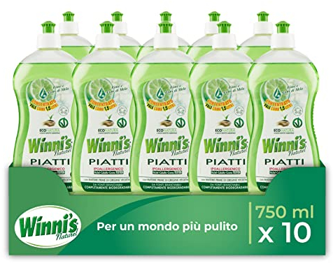 Winni's - Detersivo Piatti e Stoviglie a Mano, Ipoallergenico e Delicato sulla Pelle, Formula Concentrata, Fragranza Lime e Fiori di Mela, Materie Prime di Origine Vegetale, 750 ml x 10 Confezioni