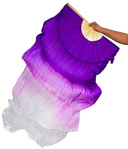 TMZAQH Women 1 Piece Right Hand Real Silk Long Belly Dance Fan Veils 150 * 90 cm, Purple White, 150*90cm