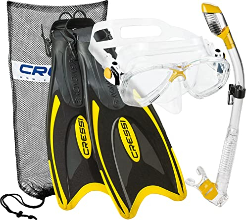 Cressi Italienisches Design Premium gehärtete Glaslinse Scuba Schnorchel Maske, Trockenschnorchel, Palau Lange Verstellbare Schnorchelflosse, Schnorchelset mit Tragetasche für Damen und Herren
