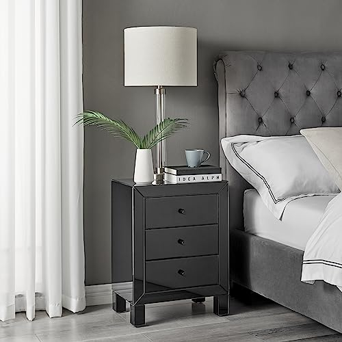 Furniturebox UK Lexi Contemporary Black Mirrored Bedside Table Side Table Bedroom Cabinet Modern 3 Drawer Reflective Stylish Compact Bedroom Furniture