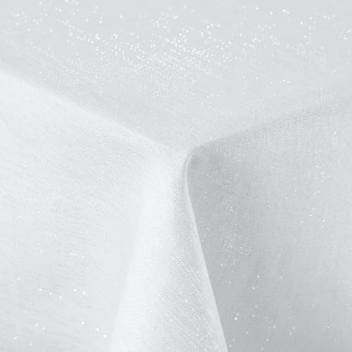 Spotjoy Glitzer Leinenoptik Tischdecke Abwaschbar Rechteckig 130 x 160 cm Tischtuch Lotuseffekt Wasserabweisend Tischwäsche Fleckabweisend - Weiß