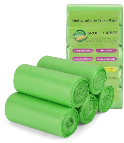 Biodegradable Bin Bags, 20 Litre 150 Counts Bin Liner for Countertop Bin. 5.2 Gallon Trash Bags,Rubbish Bags, 100% Recycled,Thick, Degradable Garbage Bags for Food, Kitchen, Office, Household(50x60cm)