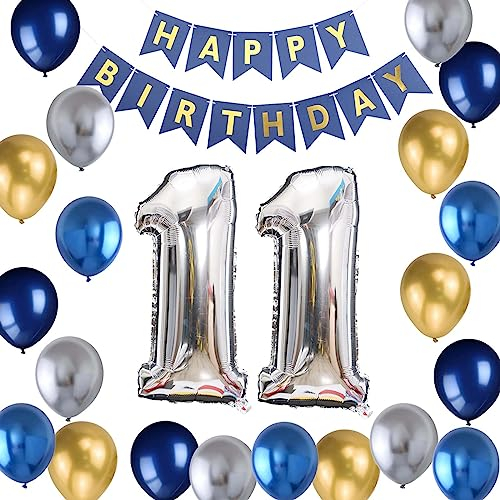 11. Geburtstag Dekoration Junge, Geburtstagsdeko Jungen 11 Jahre, 11. Ballon Metallic Silber Blau Gold Deko, Luftballon 11. Geburtstag Party Deko Junge, 11 Geburtstag Deko(11.)
