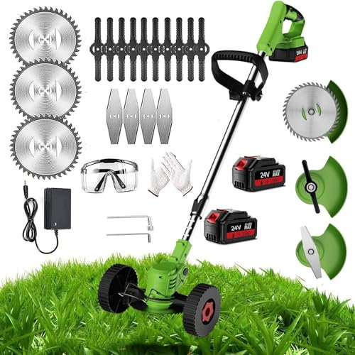 Metal Blade Cordless Strimmer Electric Garden Strimmers with Blades Grass Trimmers with 24V Li-ion Batteries and Fast Charger,3 Types Blades 90° Head Pivots Lightweight Brush Cutter