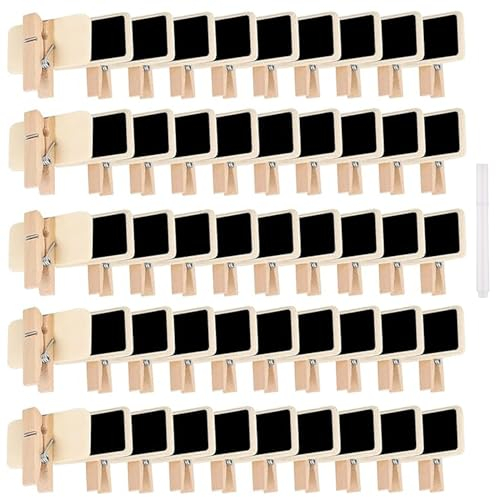 YiYFiT Niedliche kleine Tafelklammern mit Flüssigkreide, kleine Kreidetafel-Wäscheklammern, Mini-Holztafel-Foto-Display-Clips für Geschenkanhänger, Memos, Lebensmitteletiketten (4 x 2 cm), 50 Stück
