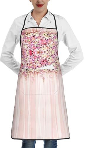 FRGMNT Kochschürze, Motiv: rosa Rosenblüten, Grillschürze, Zeichenschürze, Kochschürze mit 1 Tasche, für Damen und Herren, Floral Wall Pink Rose, Einheitsgröße