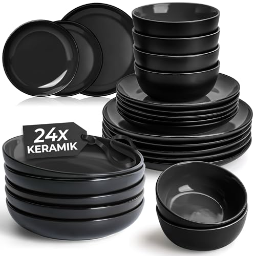 MIAMIO – Geschirrset 6 Personen/Steingut Geschirr Set 24-teilig, Tafelservice Steingut inkl. Teller, kleine Teller, Schüsseln, Suppenteller - Le Papillon Kollektion (24 Teile Set)
