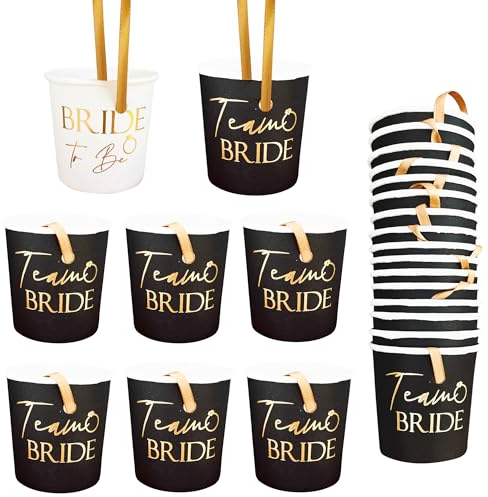 Blue Planet Fancy Dress 16x Team Bride, 1 Bride to Be Shot Glasses Black and Gold Paper Cups on Ribbon Necklace Hen Night Party Bachelorette Bridal Shower - Paper Cups