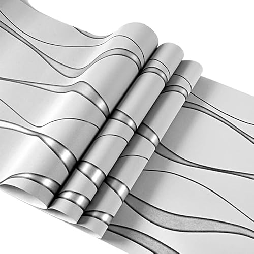 Snewvie Grau Tapete Vliestapete 1 Rolle 3D Modern Minimalistisch Wallpaper mit 3D-Wellen Leicht Glänzend Streifentapete Wanddekoration in Wohnzimmer, Schlafzimmer und Büro 0,53m x 9,5m