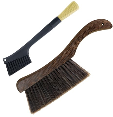 Realand 2 Pcs Coffee Grinder Brush and Hand Broom, Removable Dusting Espresso Machine Cleaning Brush Barista Tools, Heavy Duty Wood Dust Broom Bench Brush for Counter, Large, Brown + Black