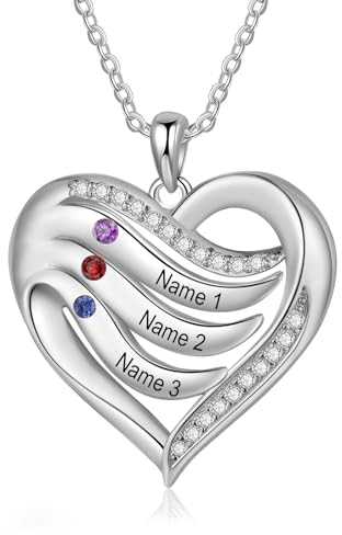 Lam Hub Fong Personalisiert Namenskette Herz Halskette mit 2-5 Namen Geburtsstein Kette Damen mit Gravur Mutter Schmuck Geschenke für Muttertag Weihnachtstag Geburtstage