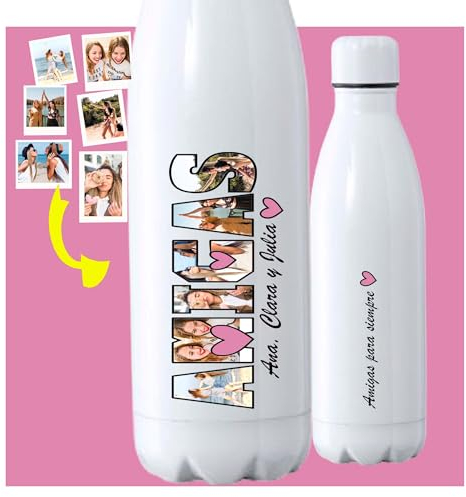 Botella termica personalizada con collage de fotos para regalo mejores amigas, botella termica con fotos, regalo cumpleaños amigas (Botella Collage fotos AMIGAS)