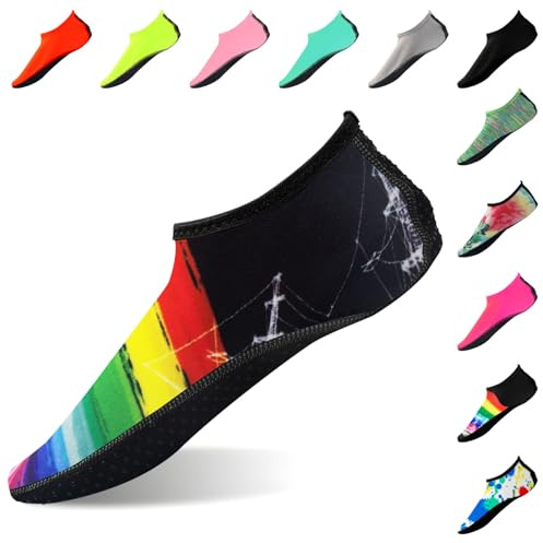 FANWINKJ Water Socks,Yoga Socks, Anti-Slip Breathable and Stylish Water Socks for Beach, Sports, Surf, and Swim, Men and Women,Rainbow Sailboat-XXL