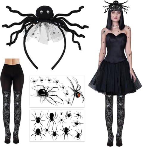 Augesak 4 Teiliges Spinnenkostüm Accessoires Damen Karneval, Spinnen Haarreif Kopfschmuck Haarschmuck, Strumpfhose Spinnen, Gesichtstattoo Spinne, Spinnen Kostüm Zubehör für Karneval Fasching Cosplay