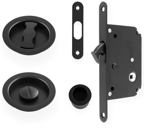 Sliding Pocket Door Lock & Latch Set - Matt Black Rounded Forend Finger Pull
