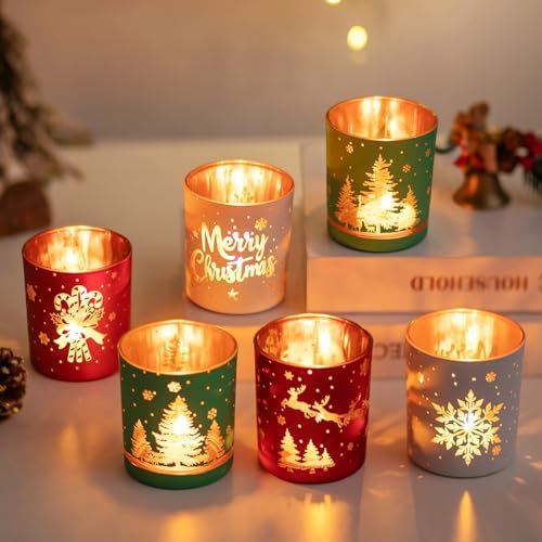 Glasseam Portavelas De Navidad De Cristal: Set De 6 Portavelas De Té Rojo Verde Blanco Navidad Portavelas Decorativos Portavelas Votivos para Centros De Mesa DecoracióN De Fiestas Regalo