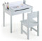 DREAMADE Schreibtisch Kinder mit Stuhl, Schülerschreibtisch aus Holz, Jugendschreibtisch, Kindertisch, Kinderschreibtisch mit Papierrollenhalter & Stauraum, Papierrolle und Markern inkl. (Grau)