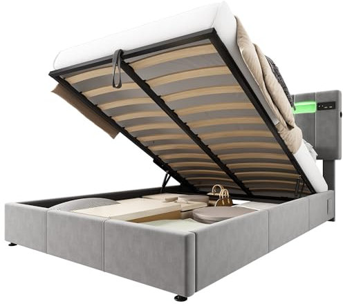 Upholstered Storage Bed Frame with LED Lighting, Bluetooth Speakers, USB Ports, Remote Control, 7 Dynamic Light Modes, Built-in Side Pockets, Gas Lift Ottoman Storage Base, Wooden Slats (Grey)