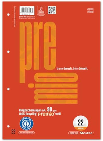 Staufen premio Ringbucheinlagen - 5 Blöcke je 50 Blatt, DIN A4, Lineatur 22 (5 mm kariert), 4-fach Lochung, 90 g/m² Recyclingpapier