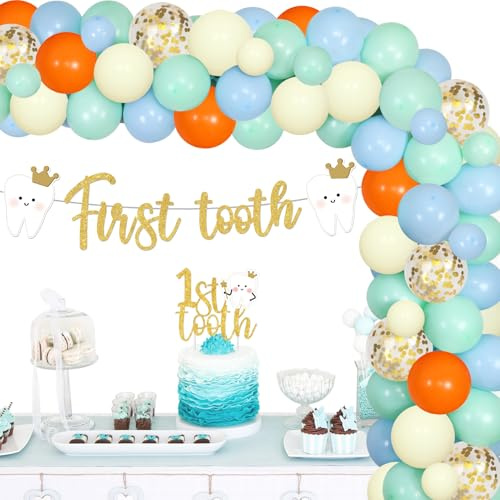 Luftballon-Girlande, Bogen-Set, glitzernder erster Zahn-Banner, 1. Zahn-Kuchenaufsatz, Latex-Luftballons, Zahn-Party-Dekorationen für erste Zahn-Party, Jungen und Mädchen, Zahnparty, Babyparty,