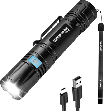 SuperFire LED Torch Rechargeable Super Bright, 15000 High Lumens Torch, Adjustable Focus, 5 Modes, 4000 mAh Long Lasting, Waterproof, Handheld Flashlight for Power Cuts, Camping, Hiking