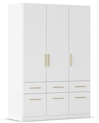 Rauch Möbel Dundee, Kleiderschrank, Schrank, Garderobe, Organizer, 3-türig, 6 Schubladen, Farbe Weiß, Holzgriff Eiche Massiv, 136x197x54cm