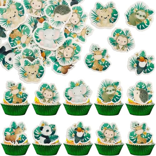 Gyufise 54Pcs Edible Jungle Safari Animal Cupcake Toppers Wafer Paper Animal Cake Toppers Dessert Muffin Cake Picks Cake Decoration for Baby Shower Birthday Party Decoration Green