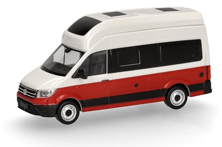herpa Voiture Miniature VW Crafter Grand California, échelle 1:87, pièce de Collection, fabriquée en Allemagne, modèle en Plastique, Couleur : Blanc Candy/Rouge Cerise
