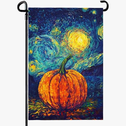 Dacawin Drapeau de jardin d'automne citrouille en toile de jute Van Gogh Art ciel étoilé lune jardin drapeaux automne peinture à l'huile chinoiserie Thanksgiving maison bannière pour terrasse ferme