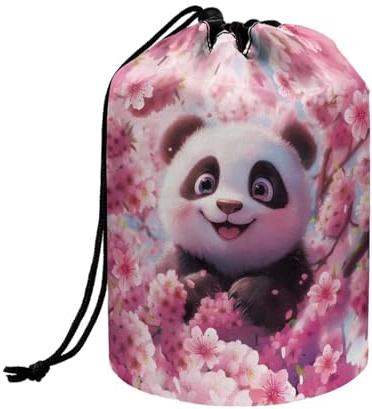 Wnbucioht Pink Panda Drawstring Cosmetic Bag for Women Kawai Stand up Makeup Bag Toiletry Bag Travel Essentials Makeup Organizer Case Foldable Toiletry Bucket Bags for Women Girls Gift