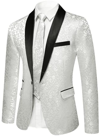 YFFUSHI Blazer da Uomo Jacquard Paisley Giacca da Abito 1 Bottone Giacche da Smoking per Matrimoni, Bianco, L