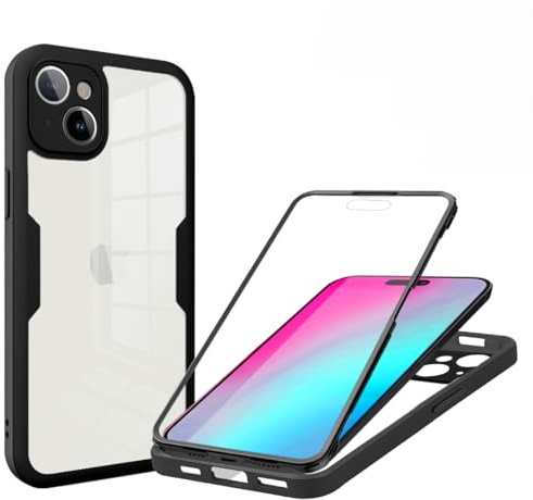 JYNCHDZ for iPhone 13 Case Built-in Screen Protector Shockproof TPU Bumper Clear Hard PC Shell 360 Full Body Protection Slim Fit Transparent Rubber Case for iPhone 13, Black