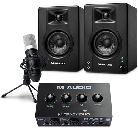 M-AUDIO BX4 Pair Bluetooth Studio Monitors Bundle with Dual XLR Audio Interface and XLR Microphone for Studio Recording, Music Production, Podcasting, Streaming