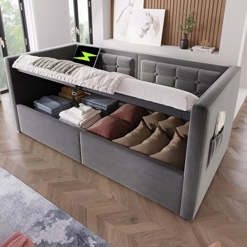 3ft Single Daybed with Hydraulic Storage&USB Type-C Charging Station, Functional Upholstered Ottoman Bed with Wooden Slat, Linen Hydraulic Sofa Bed Guest Beds for Living Room&Bedroom, No Mattress,Grey