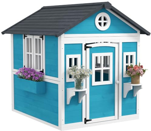 Outsunny Casetta in Legno per Bambini 3-8 Anni 114x126x135cm Blu Grigio