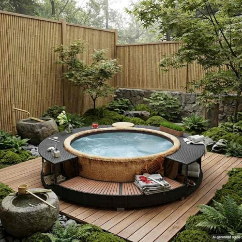 Kaloriko Bordure de spa en polyrotin noir avec cadre en acier robuste et bois dur d'eucalyptus tropical, diamètre extérieur de 283 cm, espace de rangement intégré, accessoire polyvalent pour piscine