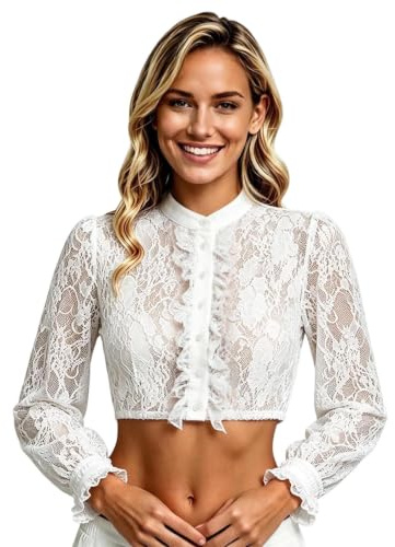 Nuqqichongtian Dirndl Bluse Damen mit Spitze V-Ausschnitt/Stehende Dirndlblusen Kurzarm Dirndlbluse Elegant Trachtenbluse Sexy Bequem Aussparungen für Bayrische Tracht Oktoberfest