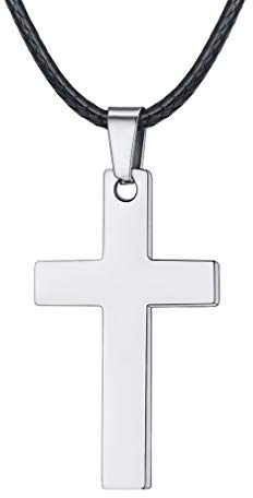 FaithHeart Edelstahl Herren Kreuz Anhänger aus Edelstahl Halskette Kette Religiöse Schmuck Männer Baseball Kreuz mit 22 Zoll Lederkette 2mm Breit